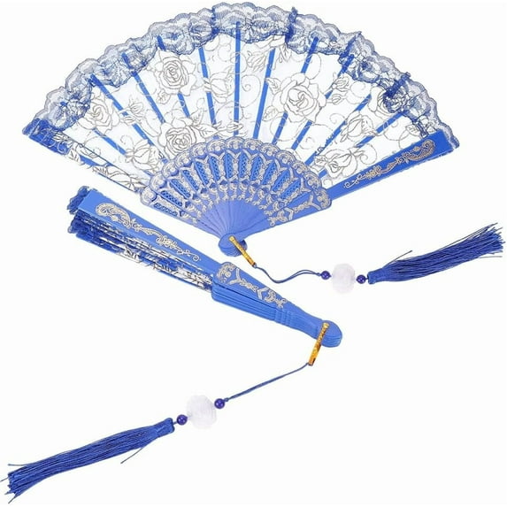 1Pc Blue Hand Lace Fan Folding with Polyester Tassels Vintage Embroidered Flower Sheer Fabric Floral Trimming Handheld Fans for DIY