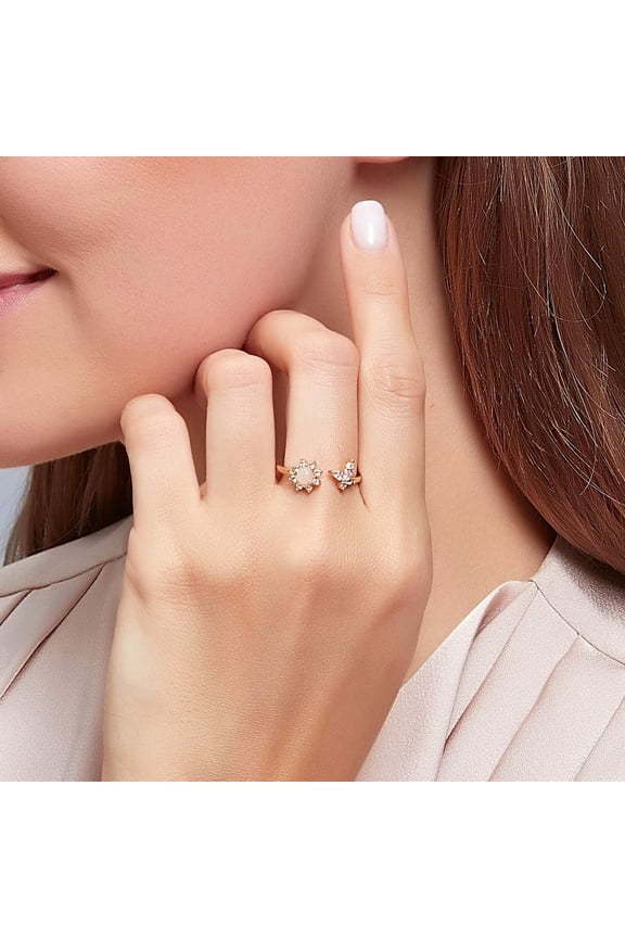 1Pc Brass Cuff Rings for Women with Opal Sunflower & Butterfly Light Gold Inner Diameter: 20mm