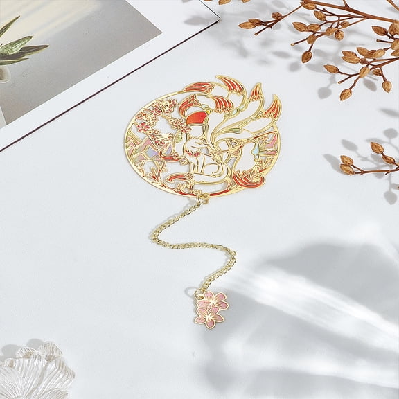 1Pc Brass Flower Fox Charm Bookmarks with Chain Golden 150x52mm