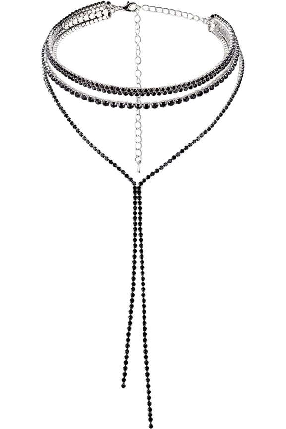 1Pc Brass Jet Rhinestone Cup Chain Lariat Necklaces Layered Tassel Necklaces for Women Silver 11.81 inch(30cm)