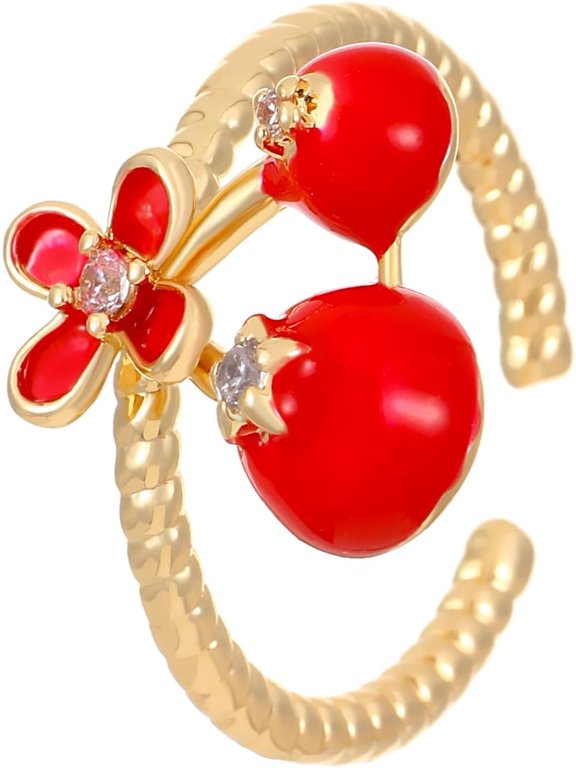 1Pc Brass Micro Pave Cubic Zirconia Finger Rings Enamel Cherry Open Rings Golden Red 14.5x13mm