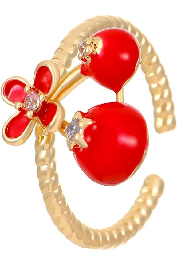1Pc Brass Micro Pave Cubic Zirconia Finger Rings Enamel Cherry Open Rings Golden Red 14.5x13mm