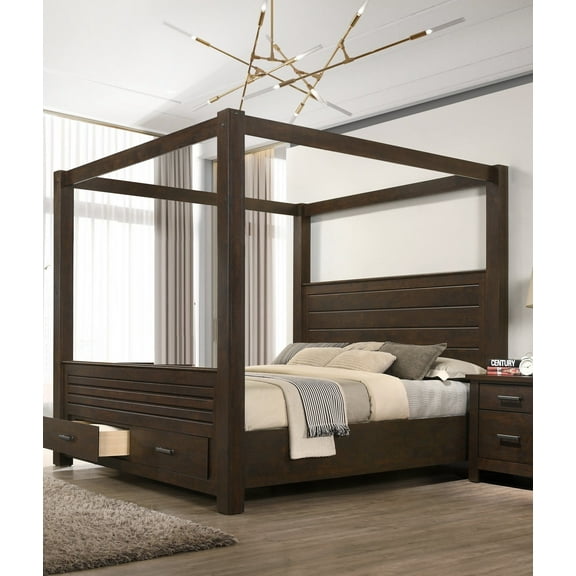 1Pc Brown Queen Canopy Storage Bed Luxurious Bedroom Furniture