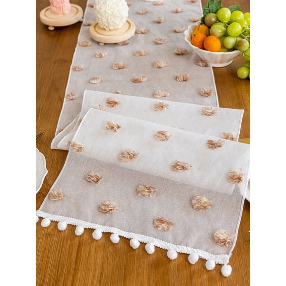 1Pc Brown Sheer Mesh Table Runner With Pom Pom Tassel Decor 35x270cm Farmhouse