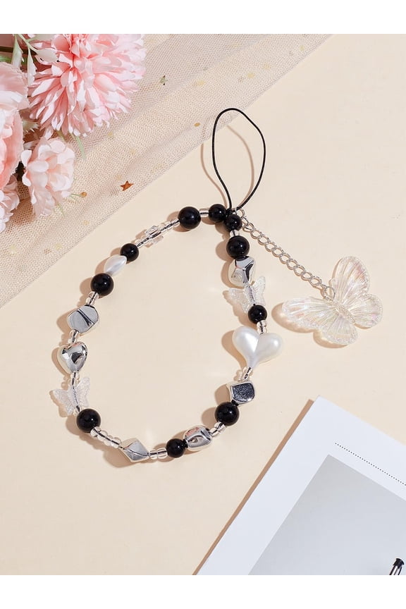 1Pc Butterfly Pearl Phone Charm Alloy PVC Plastic Bead Mobile Straps Handsets Chain String Non-Lost Beaded Handsets Lanyard for Women Camera Keychain Decoration DIY Craft Making 195mm Long Black