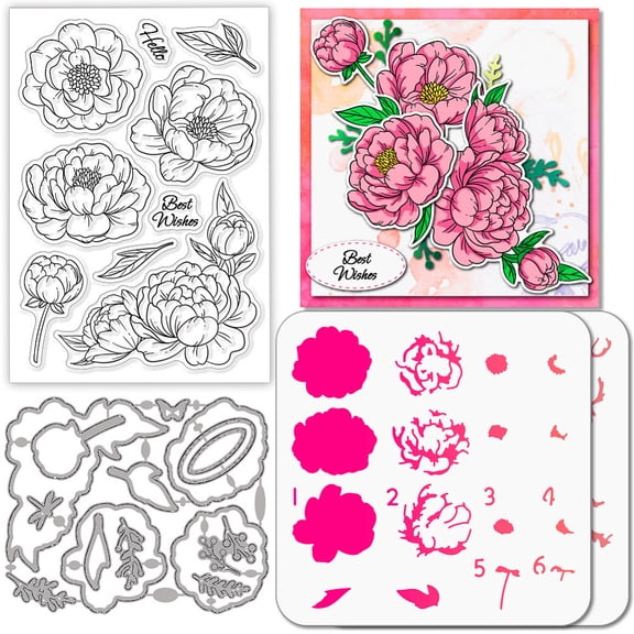 1Pc Carbon Steel Cutting Dies Stencils with 1Pc Plastic Clear Stamps and 1Pc PET Hollow Out Drawing Painting Stencils September Peony