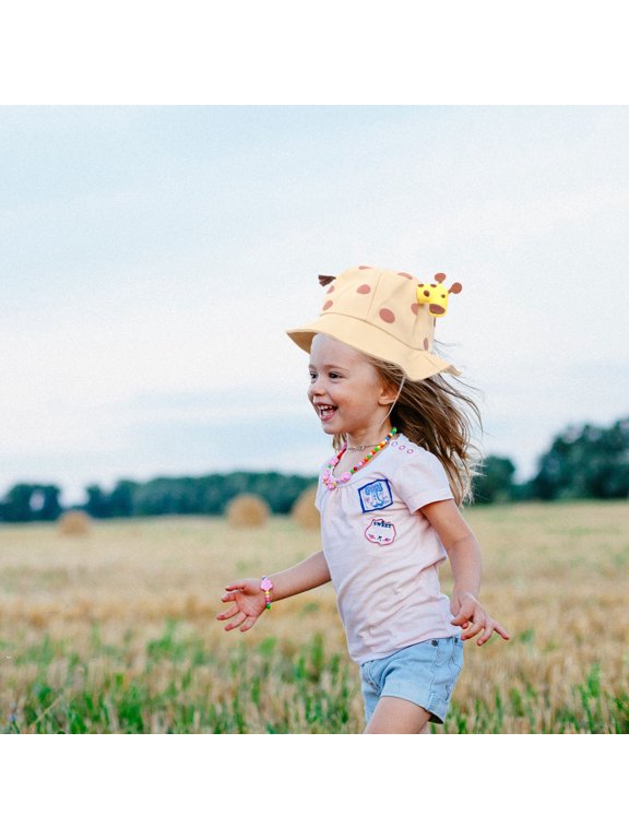 1Pc Kids Cartoon Giraffe Bucket Hat with Brim, Adorable Dotted Pattern Sun Hat for Children, Khaki Color
