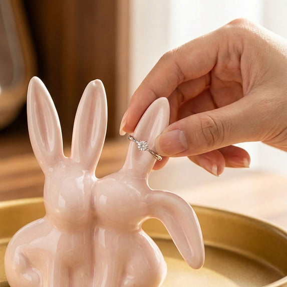 1Pc Ceramic Cute Rabbit Ring Holder Jewelry Tray, Pink Jewelry Organizer Stand For Earrings Necklaces, Decorative Desktop Display For Bedroom Vanity