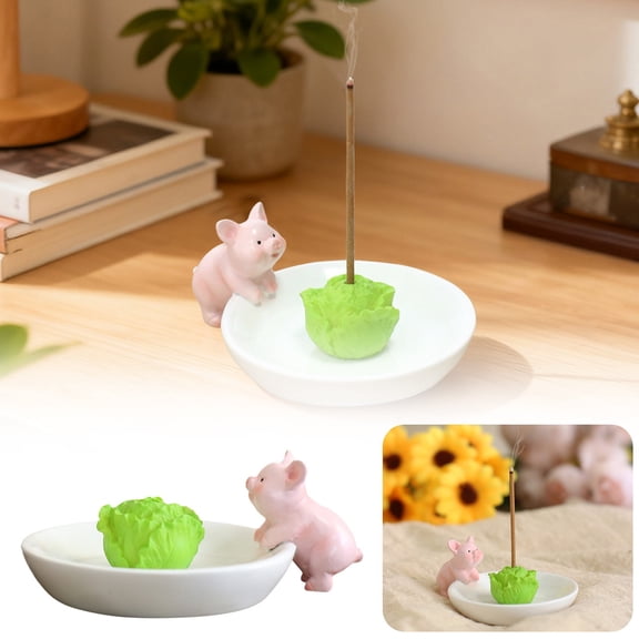 1Pc Ceramic Pig & Cabbage Incense Burner, Creative Cute Aromatherapy Holder, Home Tabletop Decorative Censer White, Clearance B