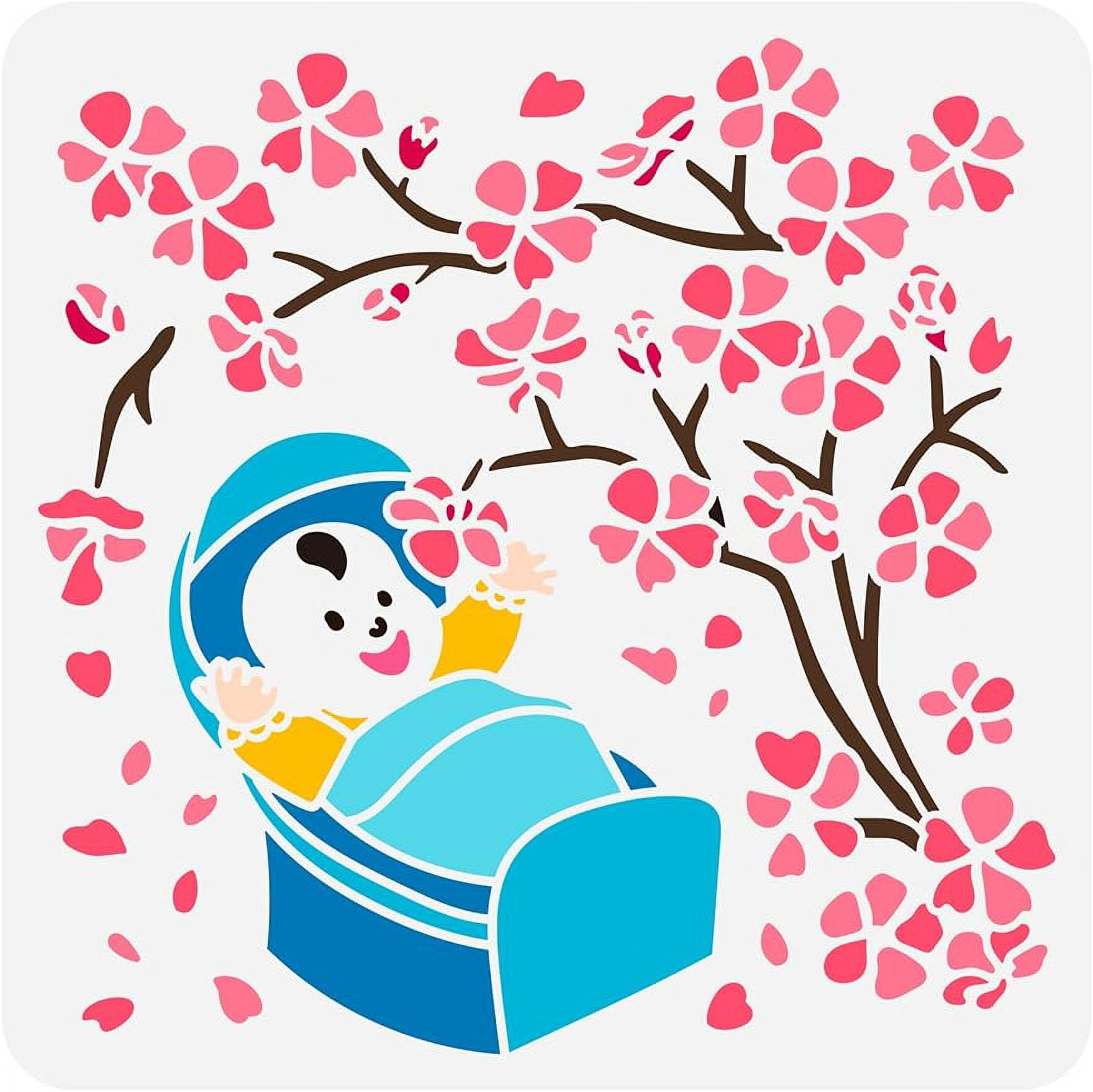 1Pc Cherry Blossoms Cradle Painting Reusable Stencil Template 11.8x11.8 ...