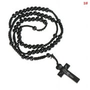 KEKAFU:14851 1Pc Christ Jesus Wooden Beads Rosary Bead Cross Pendant Catholic Cross Necklace