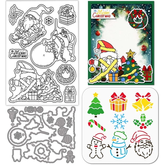 1Pc Christmas Father Theme Carbon Steel Cutting Dies Stencils with 1Pc Painting Stencils and PVC Clear Stamps Gnome 131x110x0.8mm