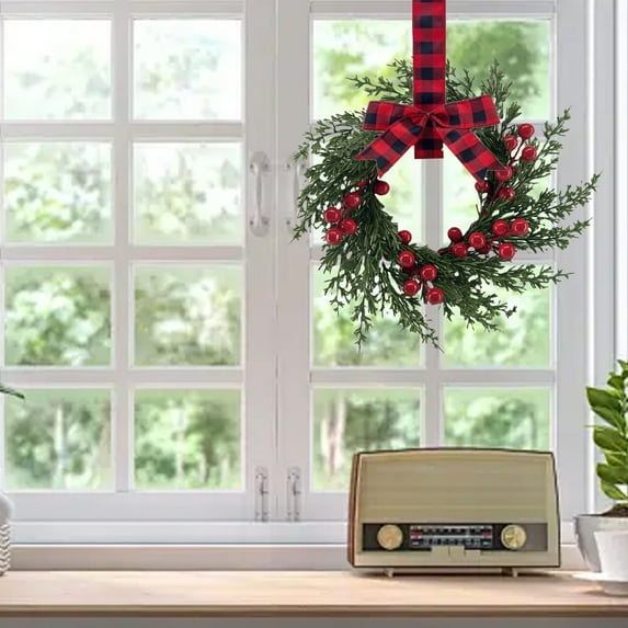 1Pc Christmas Norfolk Pine Kitchen Cabinet Wreath,Elegant Christmas Wreath with Ribbon Bows Red Berry Clusters,Hanging Small Christmas Wreath for Window Door Farmhouse Christmas Party Decoration,H