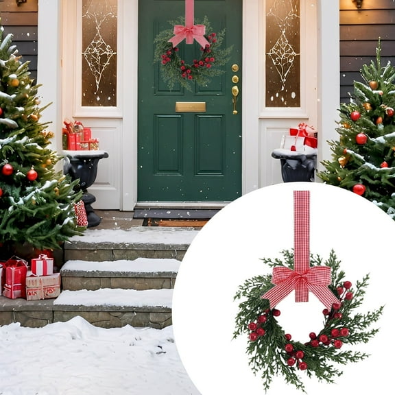 1Pc Christmas Norfolk Pine Kitchen Cabinet Wreath,Elegant Christmas Wreath with Ribbon Bows Red Berry Clusters,Hanging Small Christmas Wreath for Window Door Farmhouse Christmas Party Decoration,H