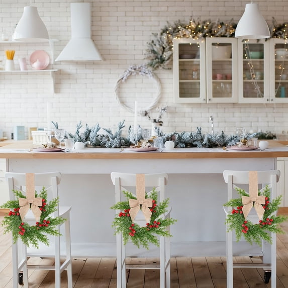 1Pc Christmas Norfolk Pine Kitchen Cabinet Wreaths for Kitchen with Ribbon Bows Red Berry Small Window Wreath for Window Door Farmhouse Christmas Party Decorations