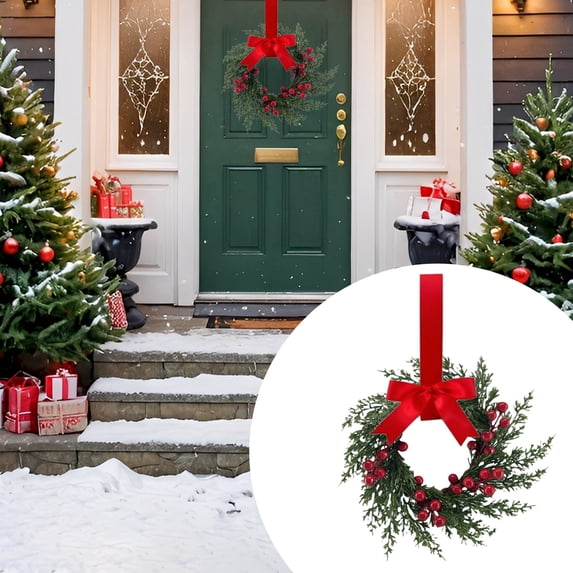 1Pc Christmas Norfolk Pine Kitchen Cabinet Wreaths for Kitchen with Ribbon Bows Red Berry Small Window Wreath for Window Door Farmhouse Christmas Party Decorations