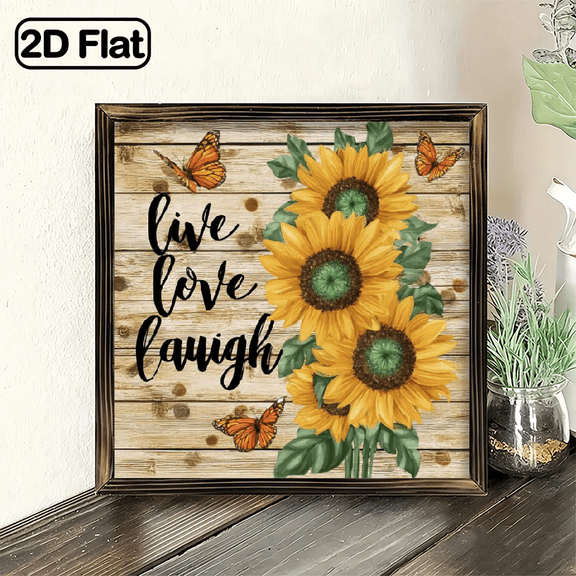 1Pc Christmas Wood Frame Sign Farmhouse Sunflower Butterfly with Live Love Laugh Quote, Rustic Square Wall Art Paintings Ideal Gift For Living Room Bedroom Corridor Wall Decor Room Decoration