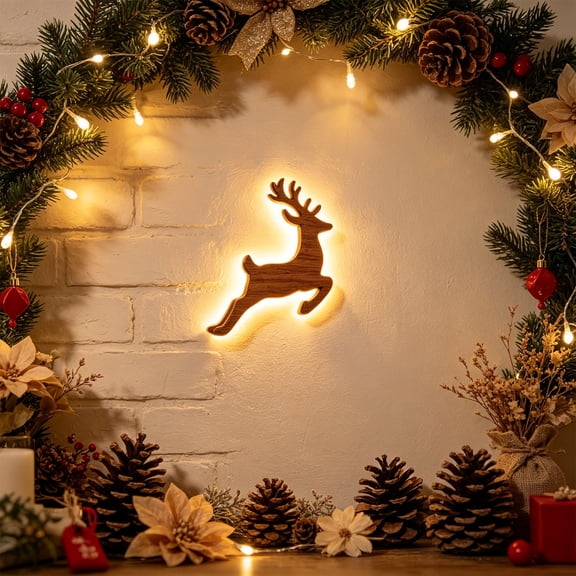 1Pc Christmas Wooden Wall Lamp Decor, Luminous LED Wooden Hanging Reindeer Wall Ornaments Night Light, Festive Christmas Home Decoration
