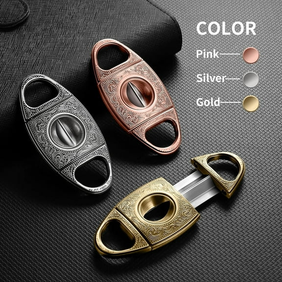 1Pc Cigar Cutter, Cigar Accessories, V-Cut Sharp Blade Stainless Steel Carved Cigar Guillotine Scissors with Gift Box, Rosegold