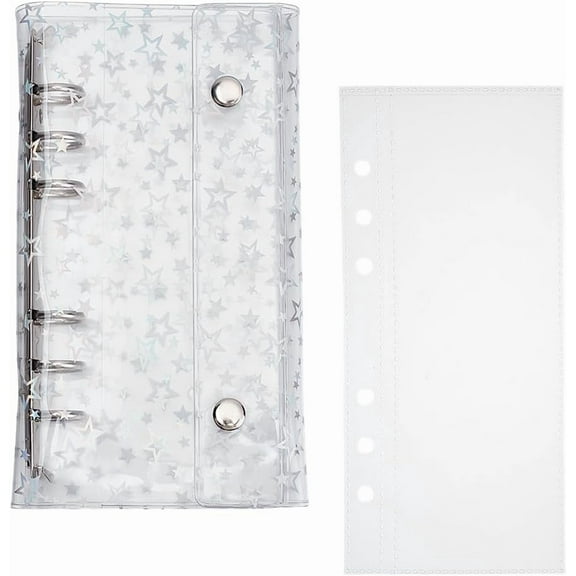 1Pc Clear PVC 6 Ring Binder with 10Pcs Loose-Leaf Pages Transparent Loose Leaf Binding Covers Refillable Notebook Round Ring Binder with Snap Button Closure for DIY Office Home School Hole:6mm
