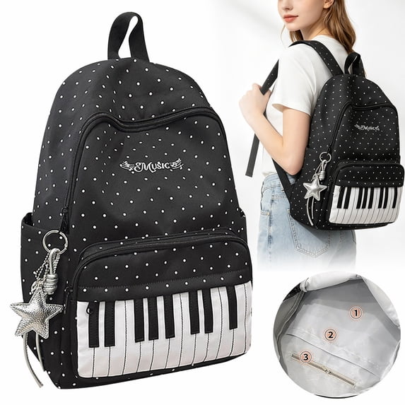 1Pc Clearance Under $12 Piano Print Backpack Piano Backpack Canvas For School Carrying Books In Black Piano Backpack Music Theme Black