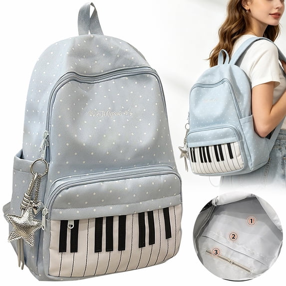 1Pc Clearance Under $12 Piano Print Backpack Piano Bag Canvas For School Carrying Blue Piano Bag Keyboard Design Blue