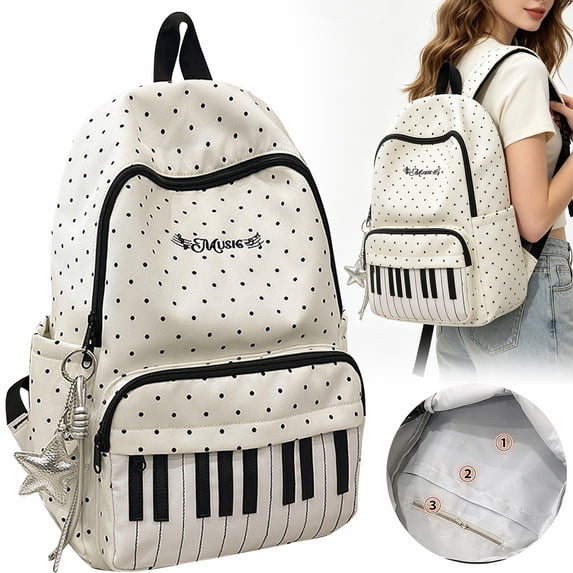 1Pc Clearance Under $12 Piano Print Backpack Piano Tote Canvas For Campus Using White Piano Tote For Classes Piano Print White