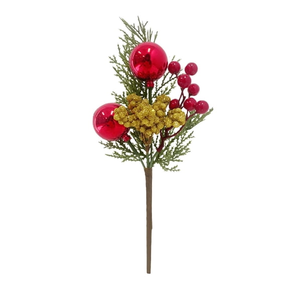 1Pc Clearance Under $3 Artificial Christmas Pine Pick Pine Branch Plastic For Table Using 3-Prong Gold Pine 3-Fork Gold Fruit Branch (E)