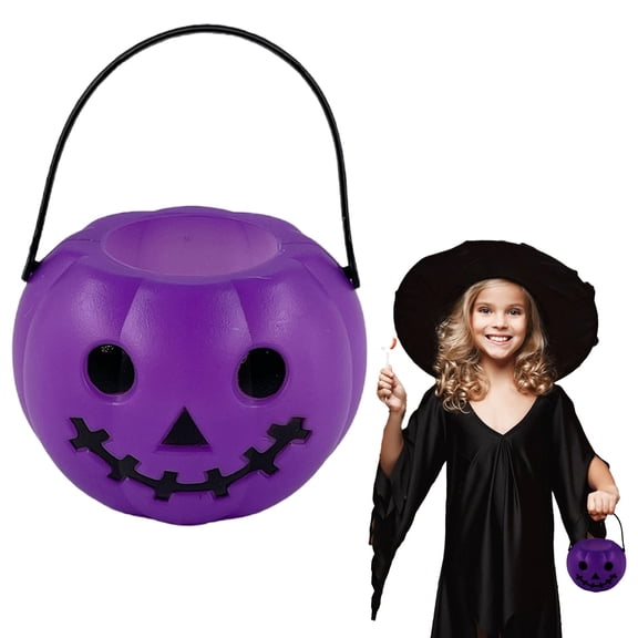 1Pc Clearance Under $3 Halloween Pumpkin Bucket Mini Purple Devil Pumpkin Bucket For Trick-Or-Treat, Plastic Small Purple Devil Bucket (E)