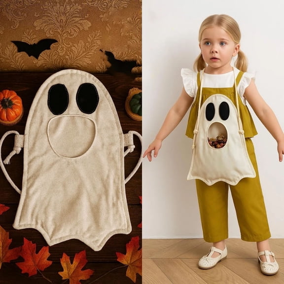 1Pc Clearance Under $5 Halloween Candy Bag Candy Bags For Neighborhood Walk, Cotton Neck-Hanging Ghost Bag White