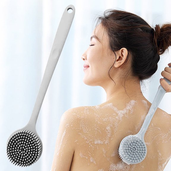 1Pc Clearance Under $5 Long Handle Back Scrubber Gray Bath Brush For Shower, Silica Gel Ergonomic Gray