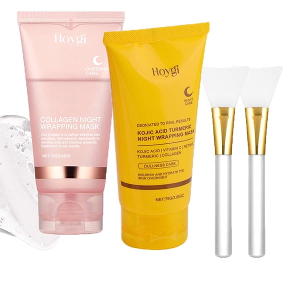 1Pc Collagen Overnight Wrapping Mask and 1Pc Turmeric Overnight Peel off Mask, Brightening & Hydrating Peel Off Mask Set with Applicator Brushes, 2.65 oz Each