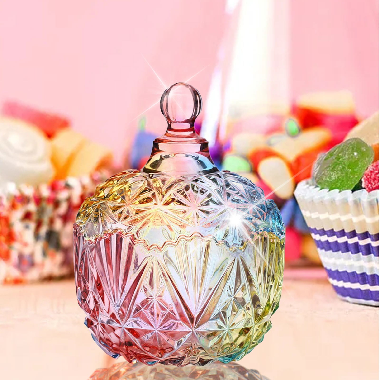 1Pc Colorful Glass Storage Jar With Lid Candy Cookie Jar Jewelry Chip