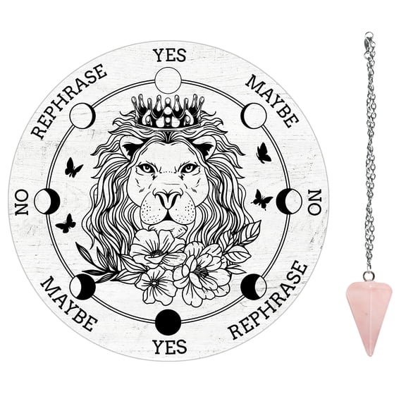1Pc Cone/Pendulum Rose Quartz Stone Pendants 1Pc Stainless Steel Cable Chain Necklaces 1Pc PVC Pendulum Board Dowsing Divination Board Lion Pattern