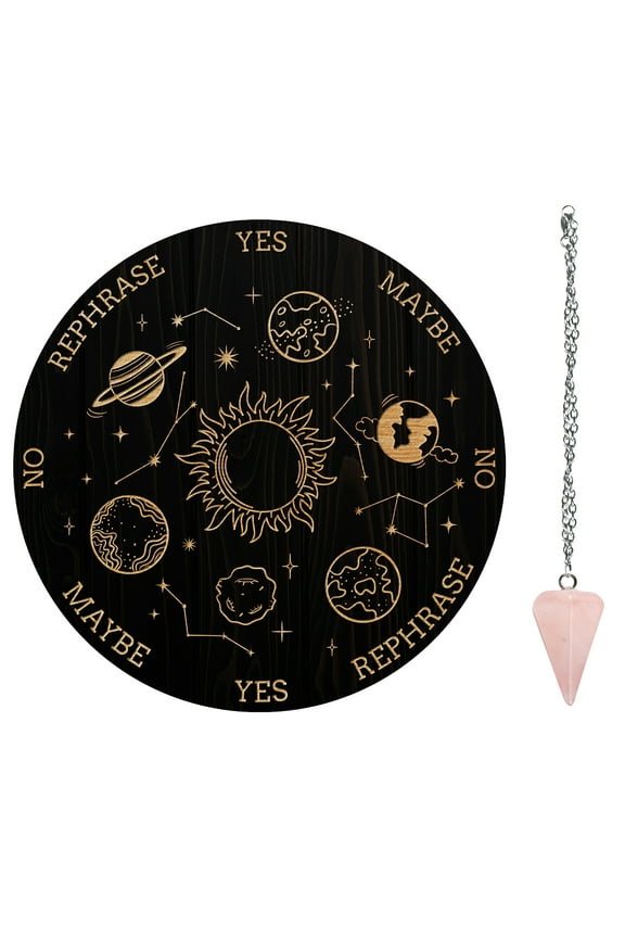 1Pc Cone/Pendulum Rose Quartz Stone Pendants 1Pc Stainless Steel Cable Chain Necklaces 1Pc PVC Pendulum Board Dowsing Themed Pattern Board: 200x4mm