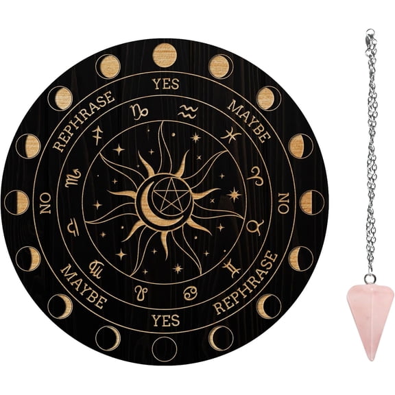 1Pc Cone/Spike/Pendulum Natural Rose Quartz Stone Pendants 1Pc PVC Custom Pendulum Board Dowsing Divination Board Sun Pattern Board: 200x4mm
