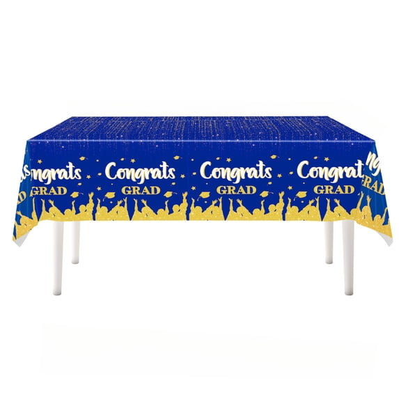 1Pc Congrats Graduation Party Decor Blue Gold Tablecloth, Perfect For Graduation Celebration Dinners, Weddings, Receptions, Graduates & Guests Gathering, Festive Table Cover