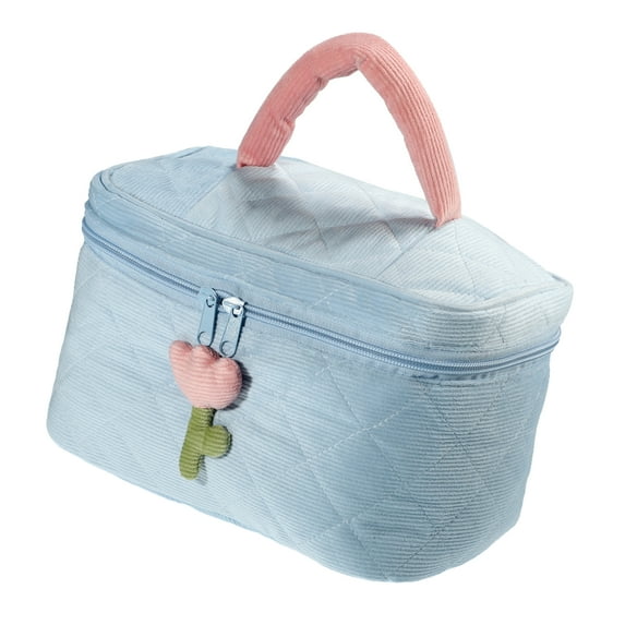 1Pc Corduroy Makeup Bag Large Cosmetic Bag Aesthetic Cute Tulip Flower Pattern Makeup Bag Blue