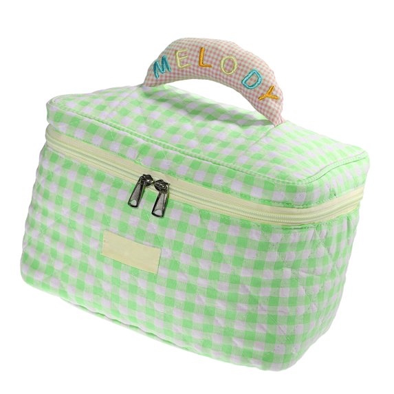 1Pc Cotton Makeup Bag Large Travel Cosmetic Bag Aesthetic Cute Plaid Pattern Makeup Bag for Women Green