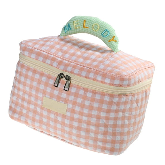 1Pc Cotton Makeup Bag Large Travel Cosmetic Bag Aesthetic Cute Plaid Pattern Makeup Bag for Women Pink