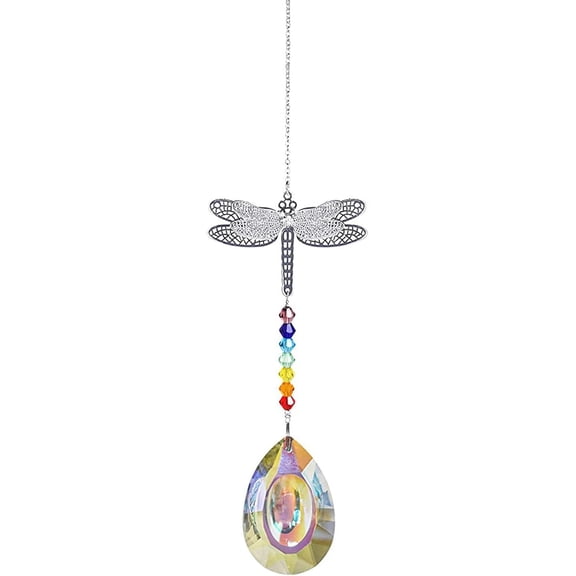 1Pc Crystals Chandelier Suncatchers Prisms Chakra Hanging Pendant with Iron Cable Chains Glass Beads Teardrop 350mm Dragonfly 45x60mm grey