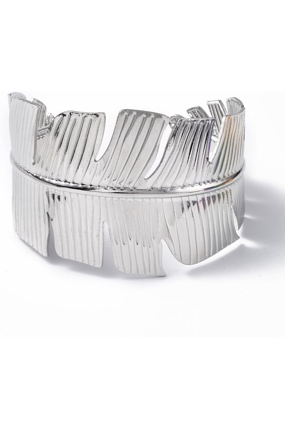 1Pc Cuff Bangle Bracelet Stainless Steel Wide Open Cuff Bracelet Feather Statement Bracelet Silver Adjustable Wrist Cuff Wrap for Women grey