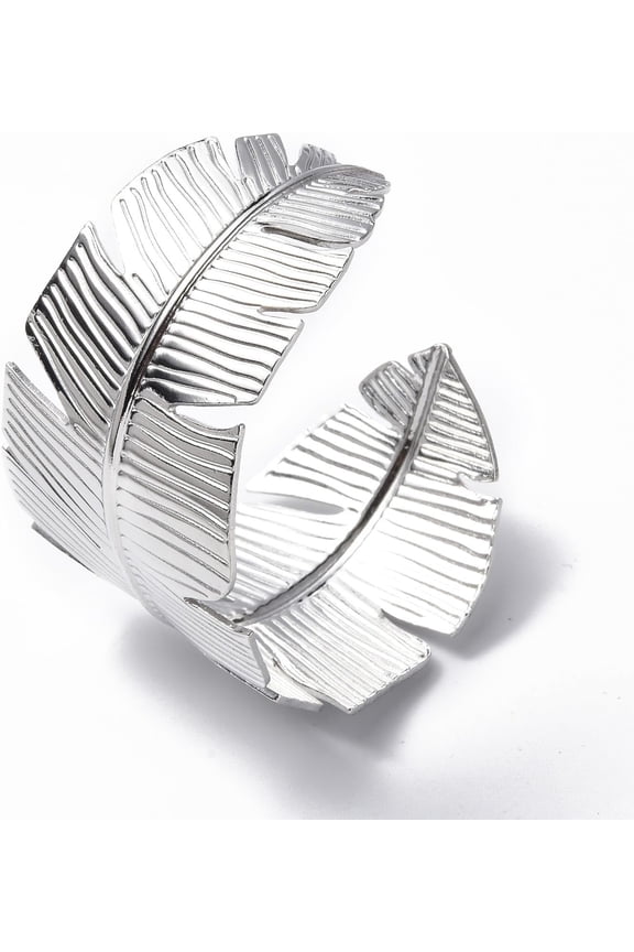 1Pc Cuff Bangle Bracelet Stainless Steel Wide Open Cuff Bracelet Feather Statement Bracelet Silver Adjustable Wrist Cuff Wrap for Women