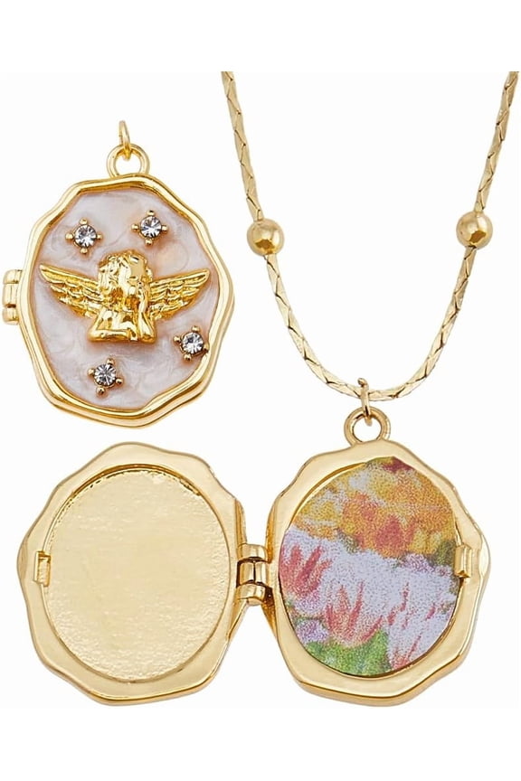 1Pc Cupid Brass Rhinestone Oval Locket Necklaces with Shell Pearl Golden 16.73 inch(42.5cm) Craft