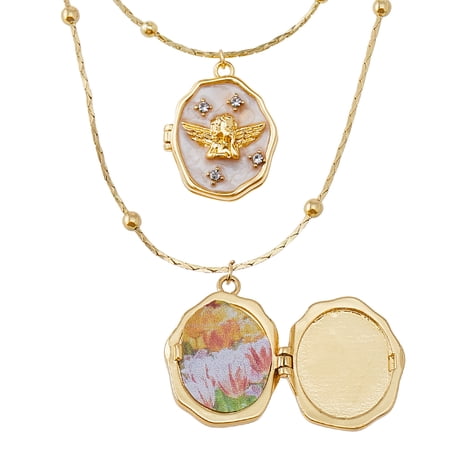 1Pc Cupid Brass Rhinestone Oval Locket Necklaces with Shell Pearl Golden 16.73 inch(42.5cm)
