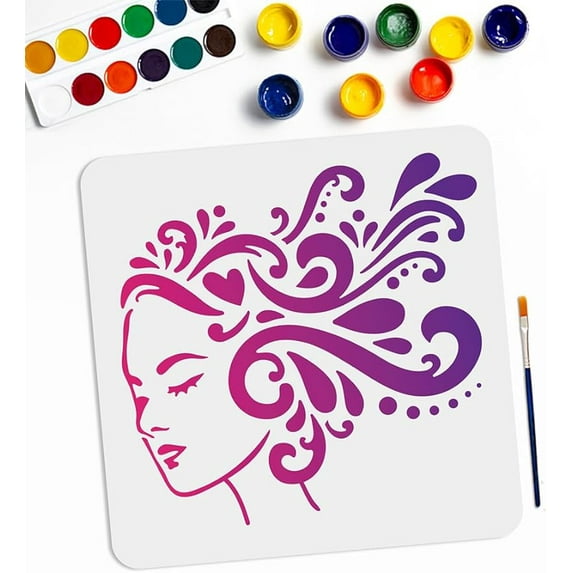 1Pc Curly Woman Stencil with Paint Brush for Painting on Canvas Paper Fabric Floor Wall 11.8×11.8inch