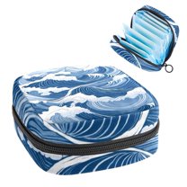 1Pc Cute Period Bag Menstrual Cup Pouch, Large Storage Bag Sanitary Purse for Sanitary Napkin Pads, Big Waves White snd Blue Color Pads Organizer for Girls Women