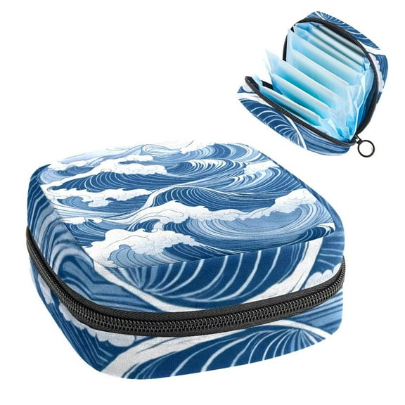 1Pc Cute Period Bag Menstrual Cup Pouch, Large Storage Bag Sanitary Purse for Sanitary Napkin Pads, Big Waves White snd Blue Color Pads Organizer for Girls Women