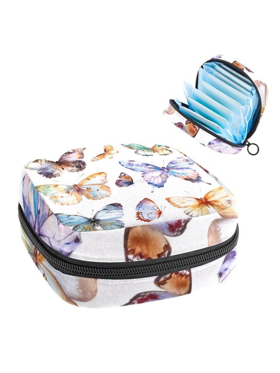 1Pc Cute Period Bag Menstrual Cup Pouch, Large Storage Bag Sanitary Purse for Sanitary Napkin Pads, Butterflies Collection Pads Organizer for Girls Women
