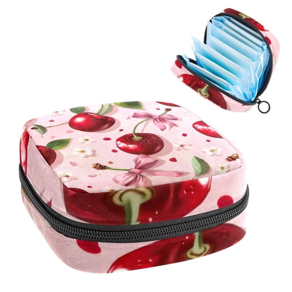 1Pc Cute Period Bag Menstrual Cup Pouch, Large Storage Bag Sanitary Purse for Sanitary Napkin Pads, Cherry with Bow and Flower Seamless Pattern Pads Organizer for Girls Women